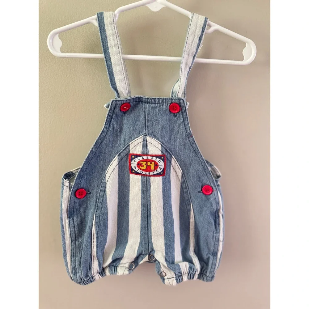 6/9m vintage denim stripped overalls